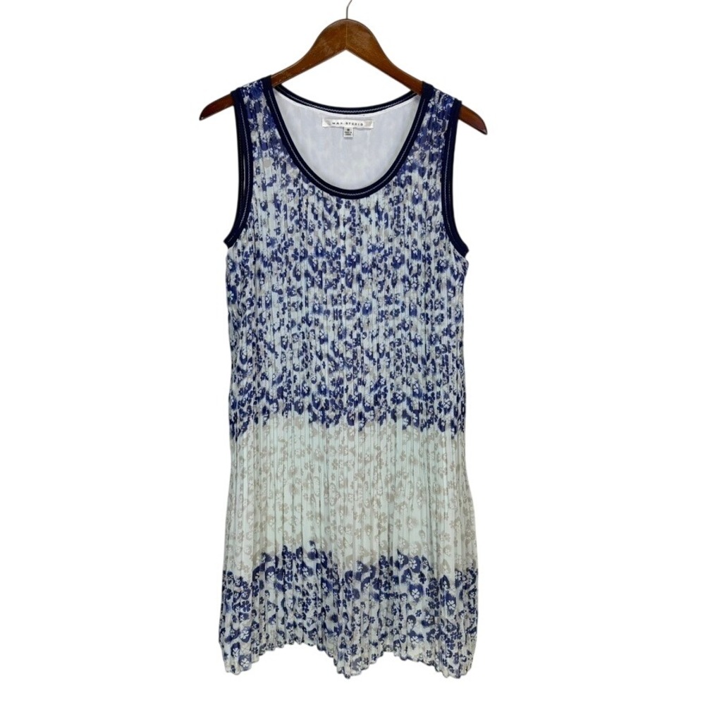 Max Studio Women's Accordion Pleat Sleeveless Mini Dress M Blue Floral Ethereal
